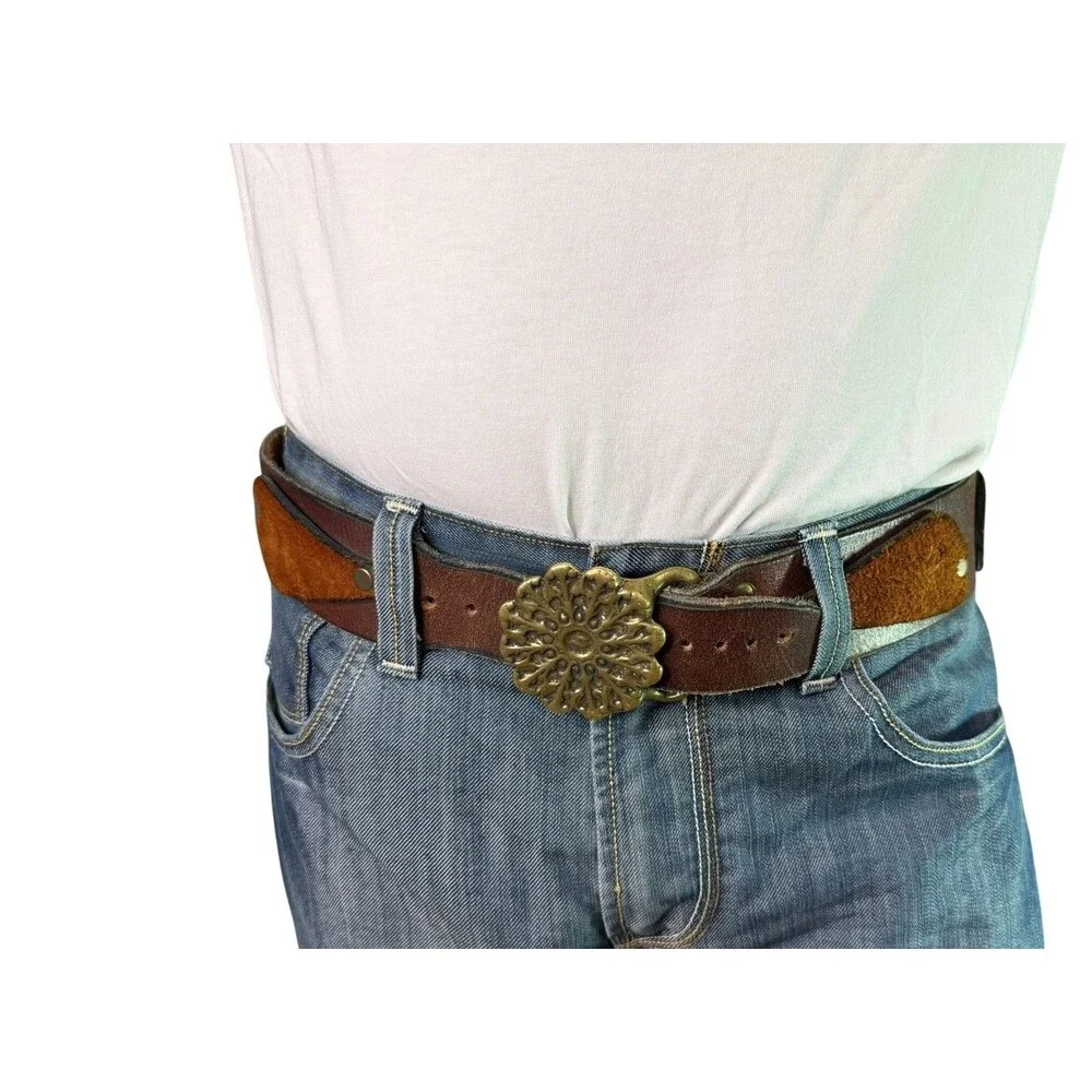 Vintage 70's Brown Leather & Suede Patchwork Belt w/ Floral Solid Brass Buckle L